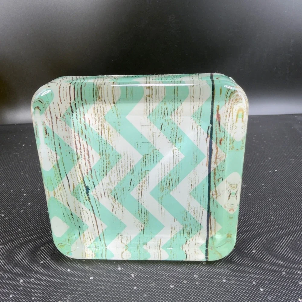 Mint Green Chevron‎ Glass Trinket Dish Square Decorative Jewelry Paperweight VTG
